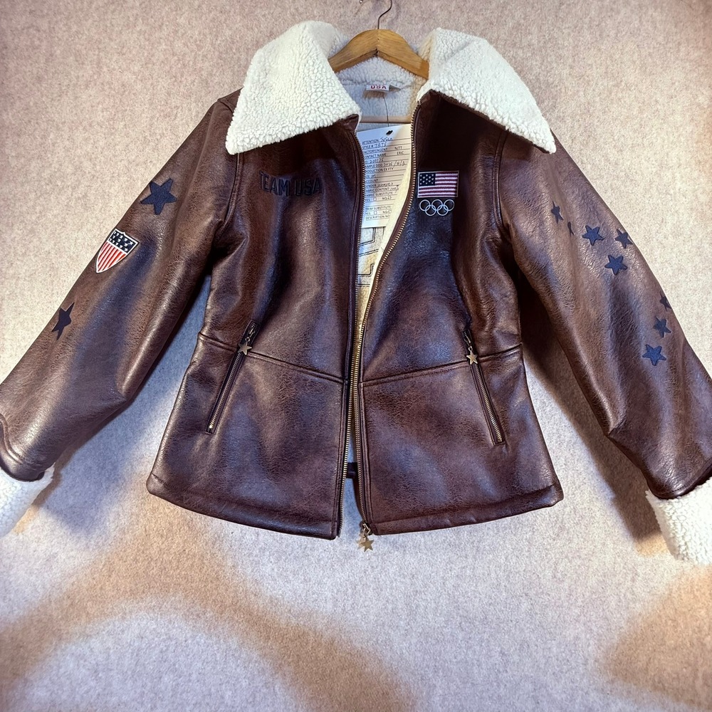 New (SAMPLE) Team USA Olympics Faux Leather Sherpa Aviator Jacket Brown Womens M
